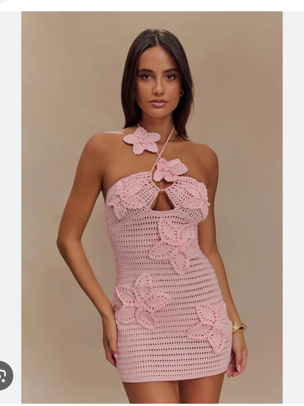 Crochet Flower Halter Mini Dress - Pink Meshki